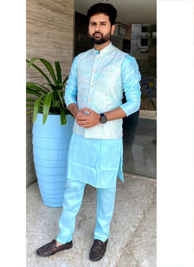 Banglori Silk Sky Blue Traditional Wear Sequins Work Readymade Kurta Pyjama